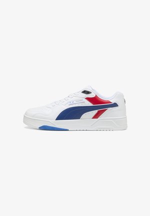 White athletic sneaker featuring blue and red leather accents, perforated details, a rubber outsole, and a padded collar for support.