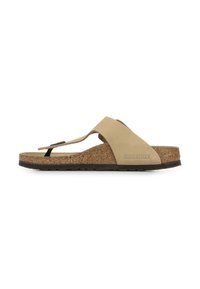 Ciabatta flip-flop color beige chiaro con una soletta in sughero, cinturino regolabile e suola in gomma. Presenta un design minimalista senza decorazioni.