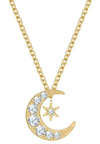 Collana dorata con un design a forma di luna crescente e stella, adornata con gemme trasparenti, dettagliata con perline lungo il bordo della luna.