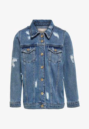 Lysblå denimjakke med klassisk krave, knaplukning, to brystlommer og distressed stof med frynset detaljer.