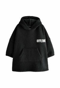 Czarny polarowy sweatshirt z kapturem, przednią kieszenią i napisem "OFFLINE" w szarym kolorze. Miękka tekstura i luźny krój.