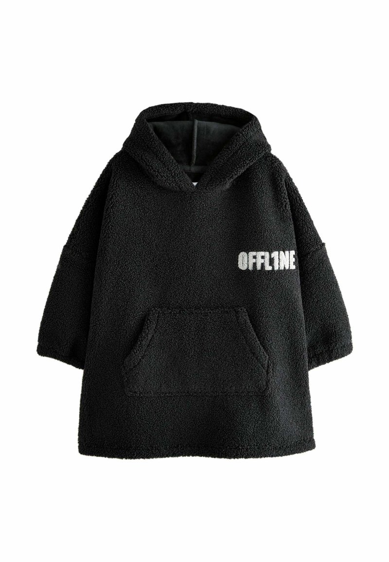 Czarny polarowy sweatshirt z kapturem, przednią kieszenią i napisem "OFFLINE" w szarym kolorze. Miękka tekstura i luźny krój.
