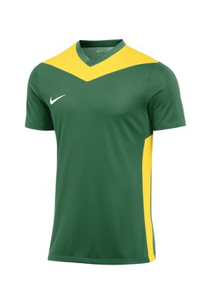Grünes Sporttrikot mit kurzen Ärmeln und gelben Akzenten an Schultern und Seiten, mit V-Ausschnitt und weißem Nike-Logo auf der Brust.