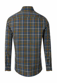 Overhemd met lange mouwen, voorzien van een blauw, geel en groen ruitpatroon. Gemaakt van een gladde stof, met een klassieke kraag en een ronde zoom.