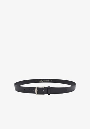 Ceinture en cuir noir avec boucle rectangulaire argentée, cinq trous de réglage et passant de ceinture, présentée sur fond blanc.