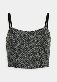 Top cropped em tecido texturizado preto e cinza, com finas alças pretas e um decote suave, apresentando um padrão diagonal subtil.