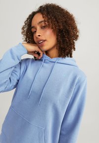Light blue hoodie in soft fabric, featuring a kangaroo pocket, drawstring hood, and a small logo on the chest.