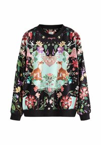Black sweatshirt with colorful floral patterns and two mirrored foxes facing each other inside a large heart-shaped frame.