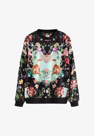 Sort sweatshirt med farverige blomstermønstre og to spejlvendte ræve, der står overfor hinanden inden i en stor hjerteformet ramme.