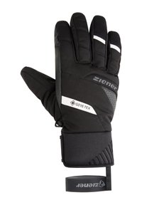 Gants imperméables noirs en Gore-Tex avec des doigts grip texturé, poignet élastique et sangle réglable pour un ajustement sécurisé.