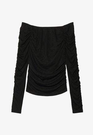 Czarny top bez ramiączek z długimi rękawami. Posiada marszczoną tkaninę na przodzie i rękawach, tworząc teksturowaną, dopasowaną sylwetkę.