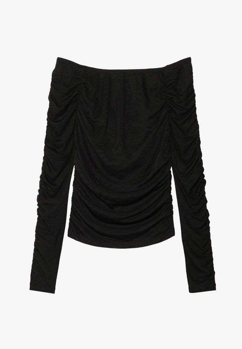 Juoda off-the-shoulder palaidinė su ilgomis rankovėmis. Įdomu tai, kad priekyje ir rankovėse yra surinkta medžiaga, kuri sukuria tekstūruotą, ant kūno prigludusią siluetą.