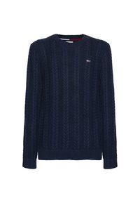 Navy blue knitted sweater with a textured cable pattern, crew neckline, and ribbed cuffs. Features a small logo patch on the left chest.