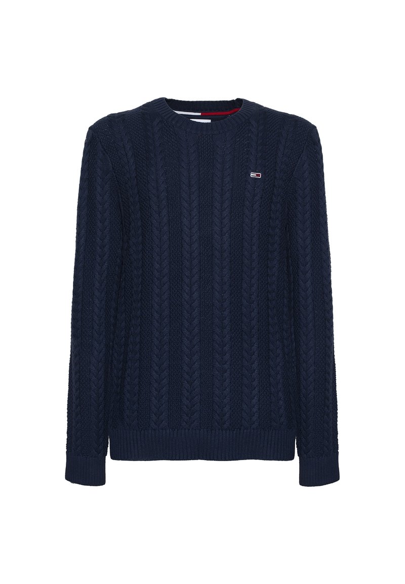 Navy blue knitted sweater with a textured cable pattern, crew neckline, and ribbed cuffs. Features a small logo patch on the left chest.