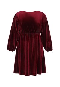 Rochie din catifea burgundă cu mâneci bufante lungi, talie elastică și fustă evazată. Textură netedă cu un finisaj strălucitor.