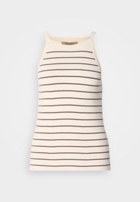 Ριχτό tank top σε κρέμα με οριζόντιες καφέ ρίγες. Έχει φαρδιές τιράντες και εφαρμοστή σιλουέτα. Η ετικέτα είναι ορατή στον λαιμό.