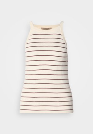 Pruhovaný top bez rukávov v krémovej farbe s horizontálnymi hnedými pásmi. Má široké ramienka a priliehavý strih. Štítok je viditeľný pri výstrihu.