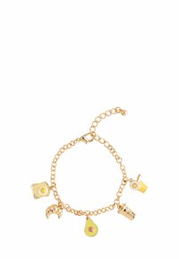 Gold-tone charm bracelet featuring food-themed charms: avocado, toast with egg, croissant, drink, and cupcake, each with colorful accents.