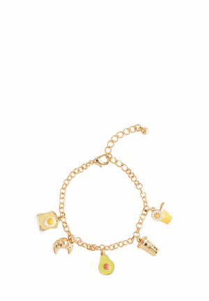Gold-tone charm bracelet featuring food-themed charms: avocado, toast with egg, croissant, drink, and cupcake, each with colorful accents.