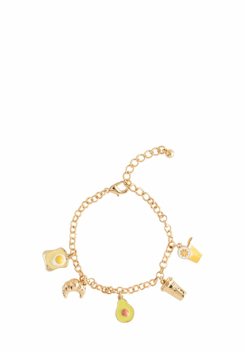 Gold-tone charm bracelet featuring food-themed charms: avocado, toast with egg, croissant, drink, and cupcake, each with colorful accents.