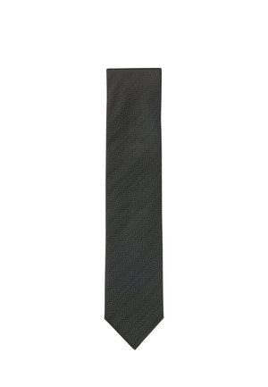 Cravatta nera con un discreto motivo a zigzag, mostrata distesa su sfondo bianco.