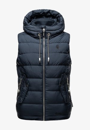 Veste matelassée bleu marine avec capuche, dotée d'une fermeture éclair sur le devant, de deux poches latérales et d'un tissu texturé. Comprend des cordons ajustables.