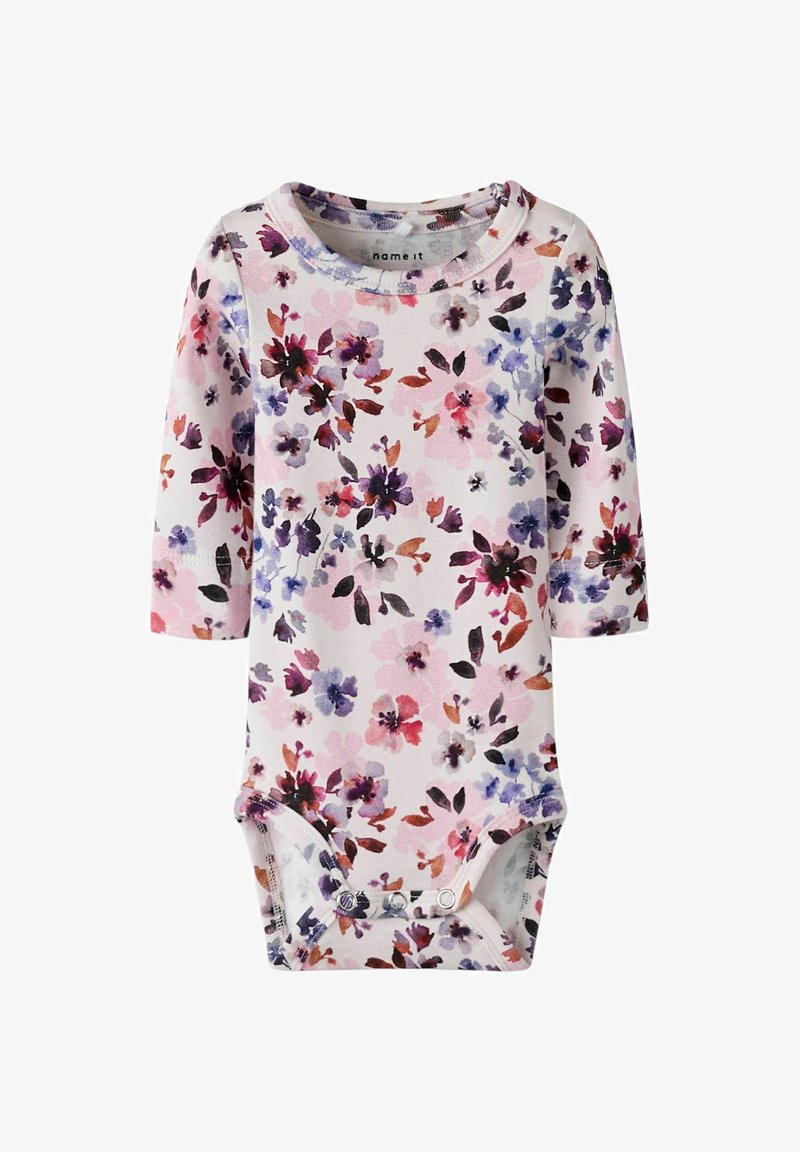 Langsleeve baby bodysuit met bloemenpatroon van zachte katoen. Kenmerkt zich door tinten roze, paars en zwart op een lichte achtergrond, met drukknopen aan de onderkant.
