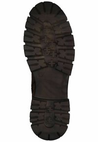 Semelle de botte en caoutchouc noir avec des rainures profondes et agressives et des motifs croisés bien marqués. Comprend la marque de taille '37' sur le côté.