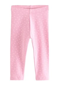 Rózsaszín leggings puha anyagból, világosabb rózsaszín pöttyös mintával. Rugalmas derékpánttal tervezve.