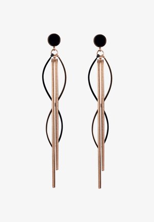 Orecchini in oro rosa caratterizzati da lunghi filamenti metallici a cascata con accenti neri e perni circolari, creando una forma unica e torcigliata.