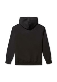 Svart hettegenser med en romslig hette, lange ermer og flat kant. Laget av myk stoff med en jevn tekstur. Enkelt design, ingen mønstre.