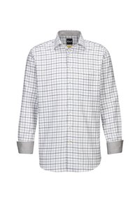 Camicia bianca con motivo a rete navy, design con bottoni, maniche lunghe, polsini grigi, taschino sul petto, tessuto in cotone.