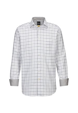 Camicia bianca con motivo a rete navy, design con bottoni, maniche lunghe, polsini grigi, taschino sul petto, tessuto in cotone.