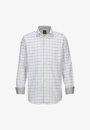 Camicia bianca con motivo a rete navy, design con bottoni, maniche lunghe, polsini grigi, taschino sul petto, tessuto in cotone.