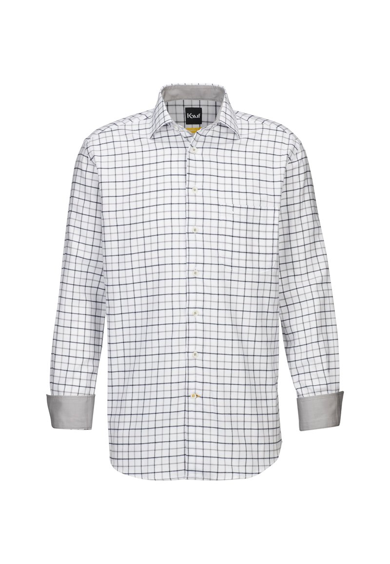 Camicia bianca con motivo a rete navy, design con bottoni, maniche lunghe, polsini grigi, taschino sul petto, tessuto in cotone.
