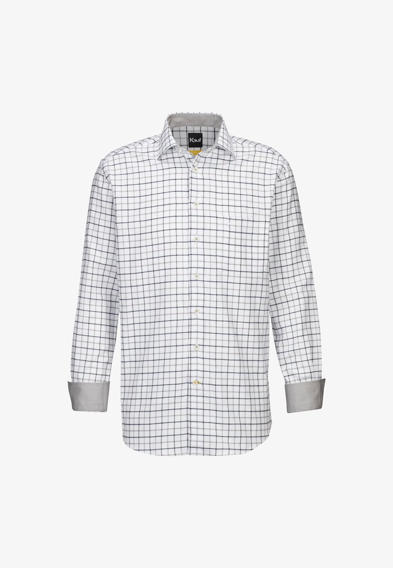 Camicia bianca con motivo a rete navy, design con bottoni, maniche lunghe, polsini grigi, taschino sul petto, tessuto in cotone.