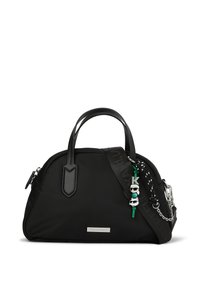 Μαύρη στρογγυλή τσάντα χειρός με διπλές λαβές, αποσπώμενο λογότυπο και διακοσμητικό γοητευτικό στοιχεία που απεικονίζουν στυλιζαρισμένα πρόσωπα και το γράμμα K.