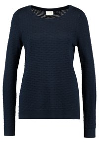 Mörkblå stickad tröja med en strukturerad mönster, långa ärmar och rundad halsringning. Ribbad mudd och nederkant ger ett fulländat utseende.