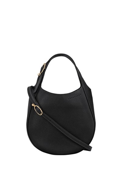 Schwarze Lederhandtasche mit runder Form, einem kurzen Tragegriff und einem abnehmbaren Umhängegurt. Mit goldfarbenen Hardware-Details.