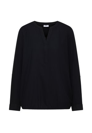 Schwarze Bluse mit langen Ärmeln, V-Ausschnitt, elastischem Saum und geknöpften Manschetten. Glatte Stoffqualität ohne sichtbare Muster oder Akzente.