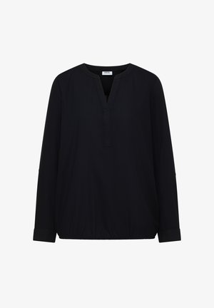 Musta pitkähihais blouseri, jossa on V-päänkaula, joustava helma ja napitetut hihansuut. Sileä kangas ilman näkyviä kuvioita tai yksityiskohtia.