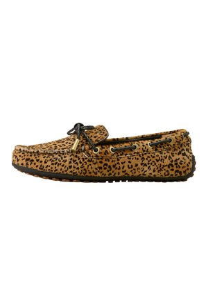 Leopard-print moccasin shoe in tan and black, featuring a soft textured upper, black laces, gold accents, and a flexible rubber sole.