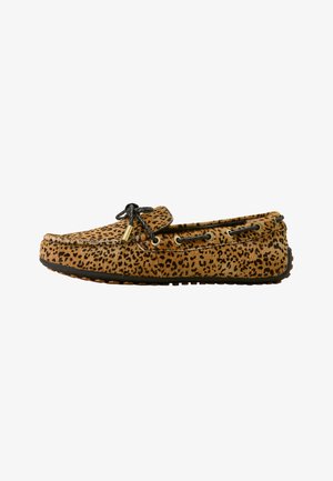 Leopard-print moccasin shoe in tan and black, featuring a soft textured upper, black laces, gold accents, and a flexible rubber sole.