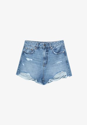 Denim shorts in light blue with distressed details, frayed hem, high waist, and classic five-pocket design.