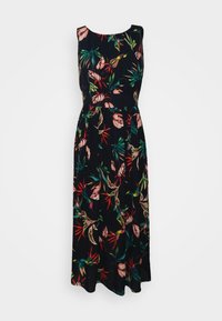 Schwarzes Midi-Kleid mit floralem Muster, das rosa und grüne Blätter zeigt. Ärmelloses Design mit tailliertem Schnitt und schwingendem Rock.