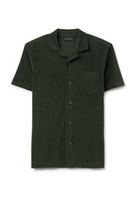 Diep groene korte mouwen shirt van zachte badstof met een kraag, een enkele borstzak en knoopsluiting.