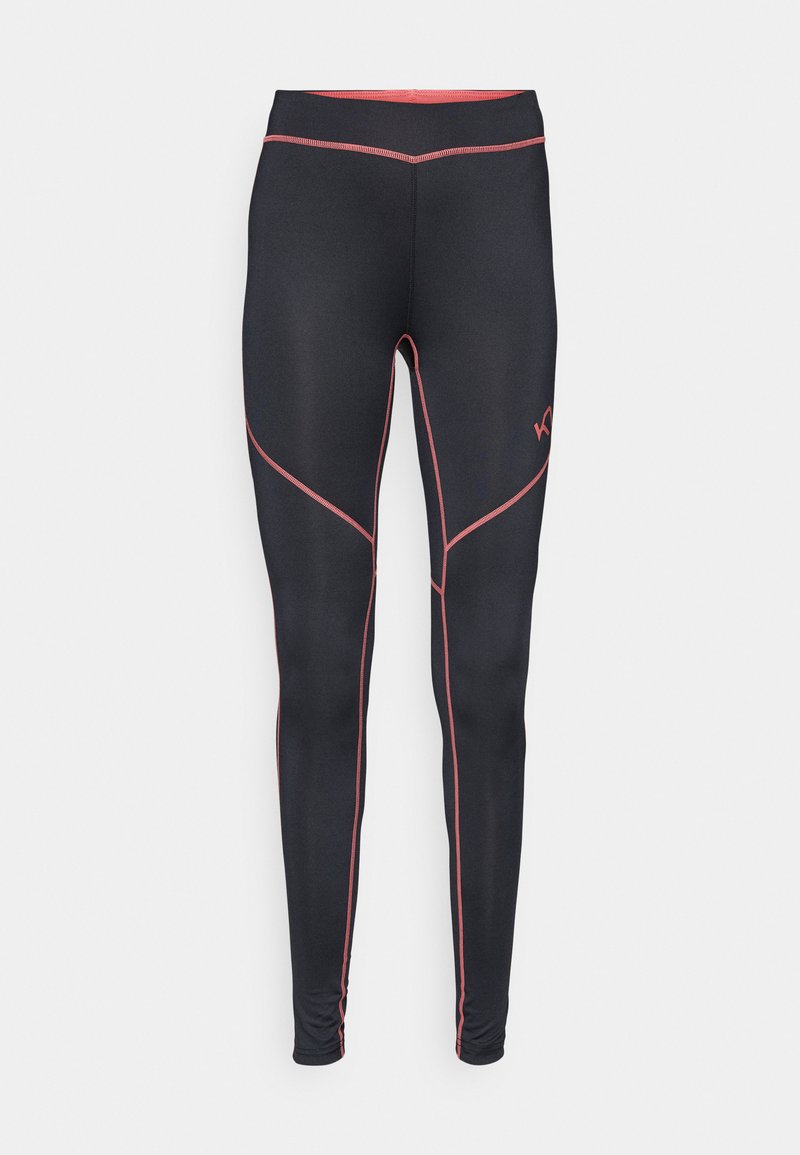 Svarta leggings med kontrasterande rosa sömmar, med en figurnära design, slät textur och hög midja, utformade för komfort och flexibilitet.
