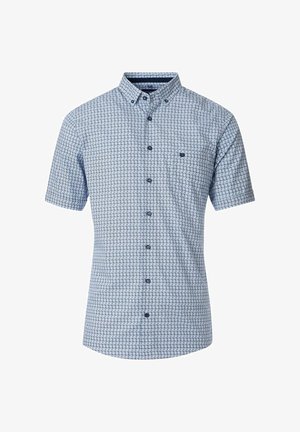 Kurzärmliges Button-up-Hemd in Hellblau mit geometrischem Muster. Verfügt über eine kleine Brusttasche und marineblaue Knöpfe.