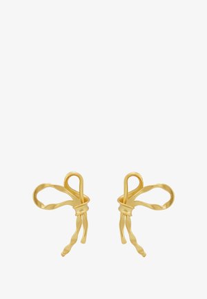 Kuldtooni kõrvarõngad, mis on kujundatud keerduvate ribadena, millel on siledad pinnad ja mänguline sõlmikas detail, mis lisab tekstuuri ja huvi.