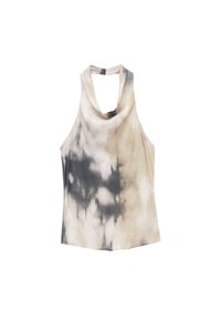 Top senza maniche a collo halter con scollo drappeggiato in beige e nero, in un motivo tie-dye su sfondo bianco.
